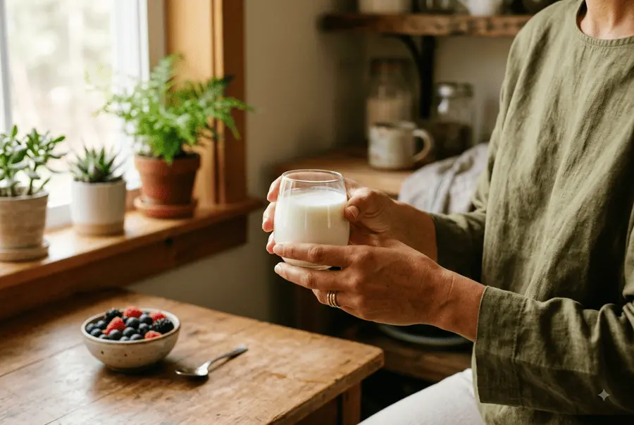 Hands holding kefir glass — fermented food for gut recovery after antibiotics