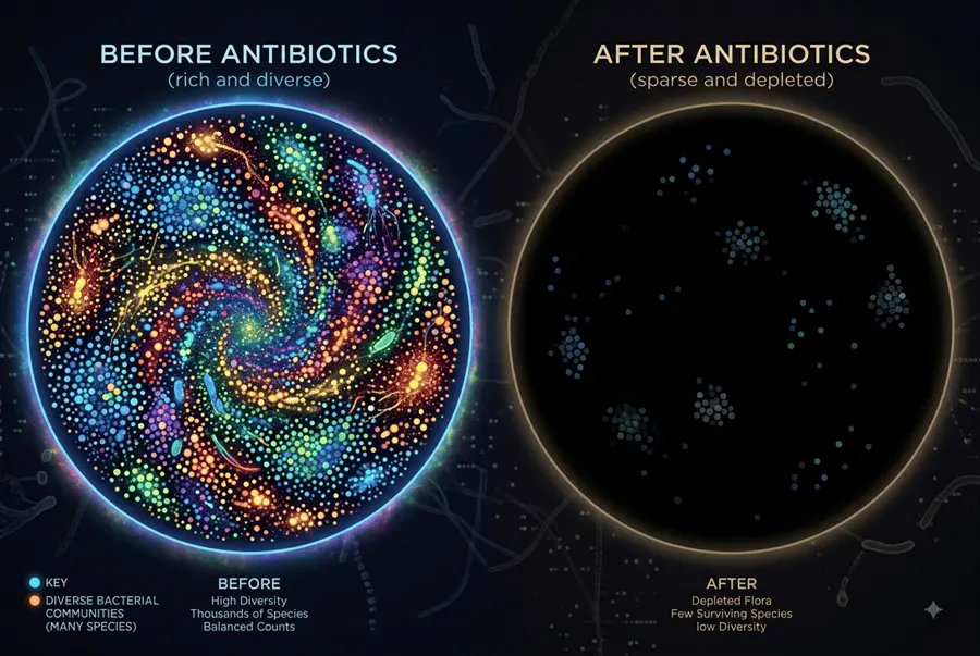 Gut microbiome before and after antibiotics — rich galaxy vs sparse depleted