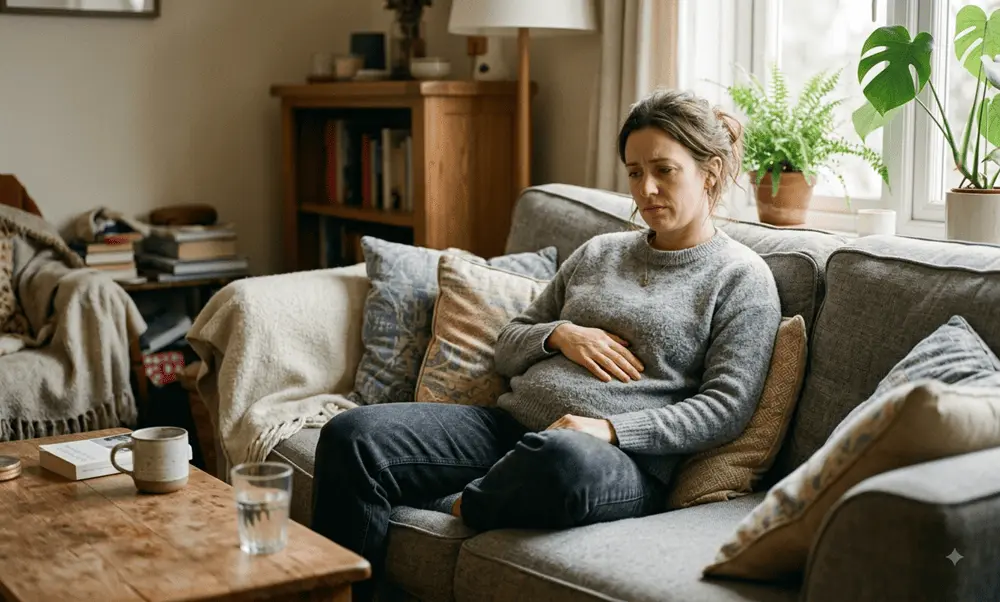 Woman experiencing bloating discomfort on couch — relatable gut health symptom