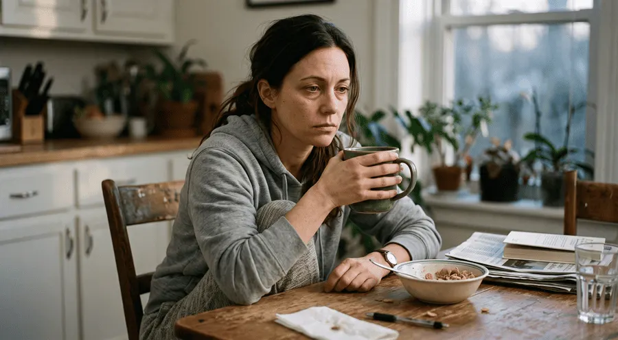 Woman sitting tired at kitchen table β relatable gut health story