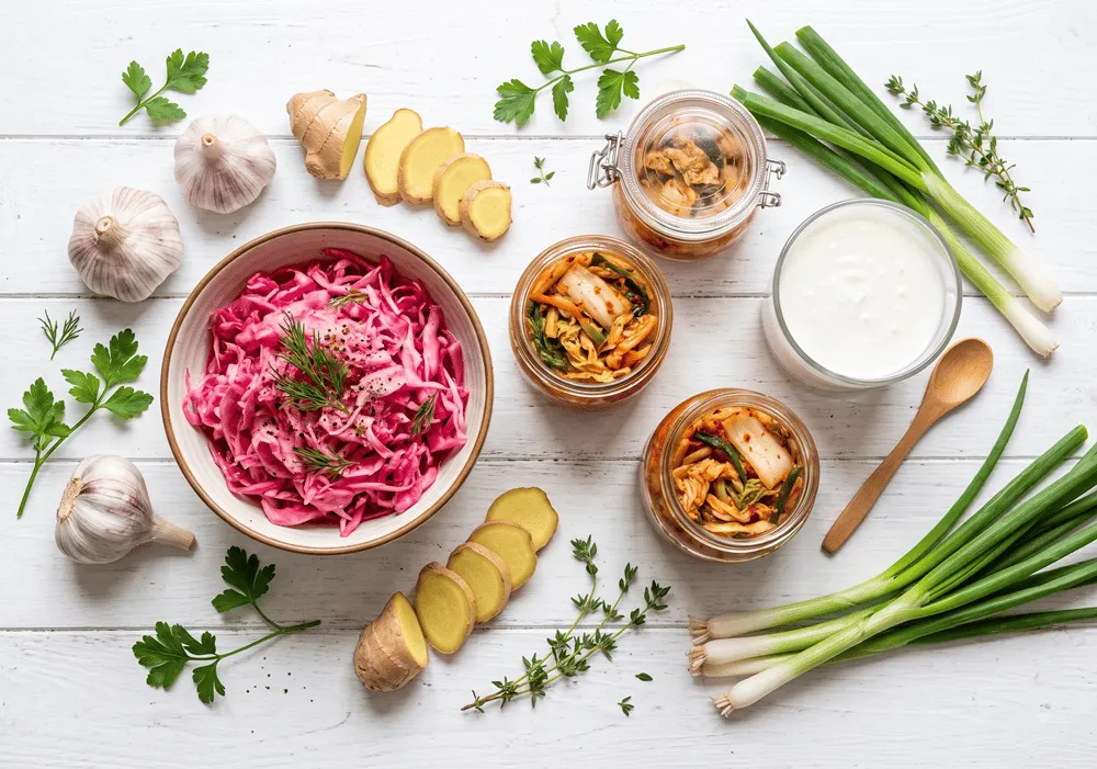 Fermented foods including sauerkraut, kimchi, kefir and garlic for gut health