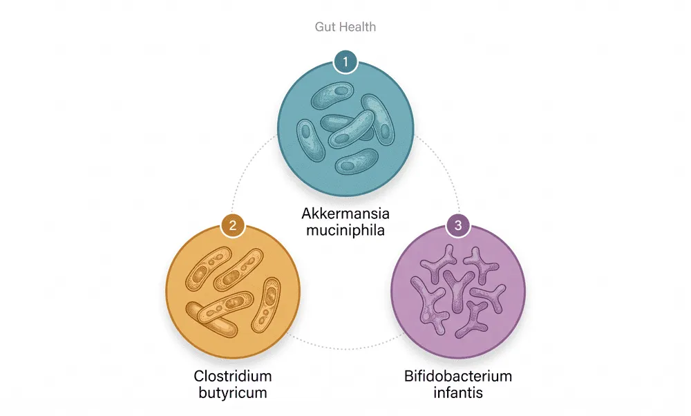 Three clinical probiotic strains: Akkermansia muciniphila, Clostridium butyricum, Bifidobacterium infantis