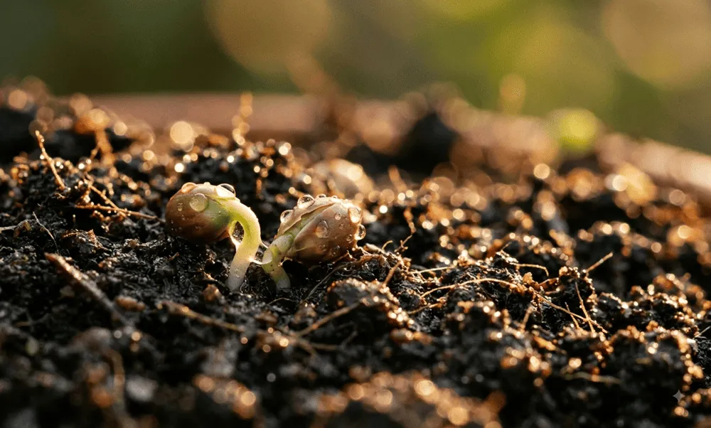 Seeds germinating in rich dark soil with golden morning light